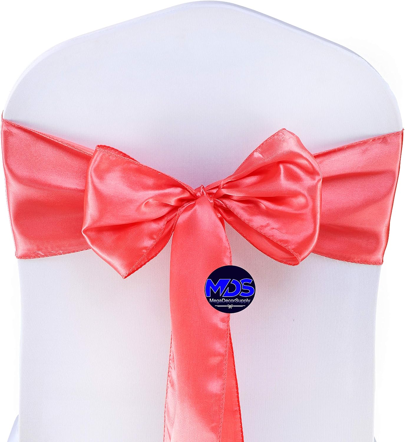 MDS Pack of 50 PCS Satin Chair Sashes Charmeuse Sateen Dining Chair Bows Ribbon Ties Back Sash for Wedding Party Birthday Home Hotel Restaurant Banquet Decoration (7 x 108 Inch, Coral)