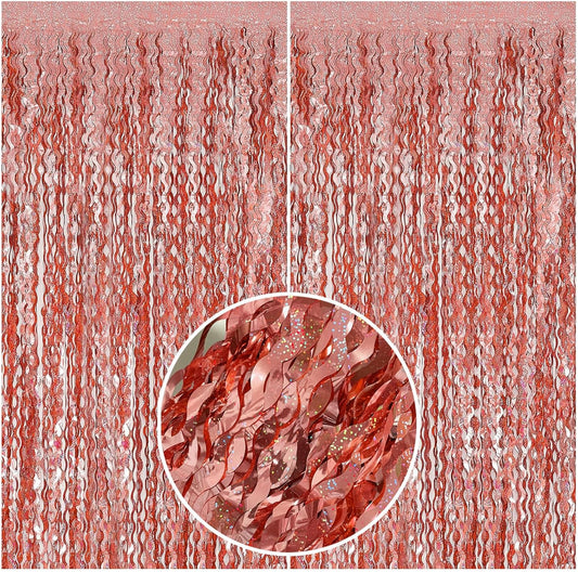 Rose Gold Tinsel Foil Fringe Curtains Wavy Backdrop for Parties Sparkle Metallic Wavy Foil Fringe Backdrop Curtain Photo Booth Props Birthday Graduation Wedding Bachelorette Party Decorations