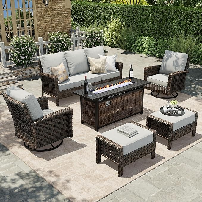 HERA'S HOUSE Grey Patio Furniture Set, High Back Wicker Sofa, Swivel Chairs by HERASHOUSE