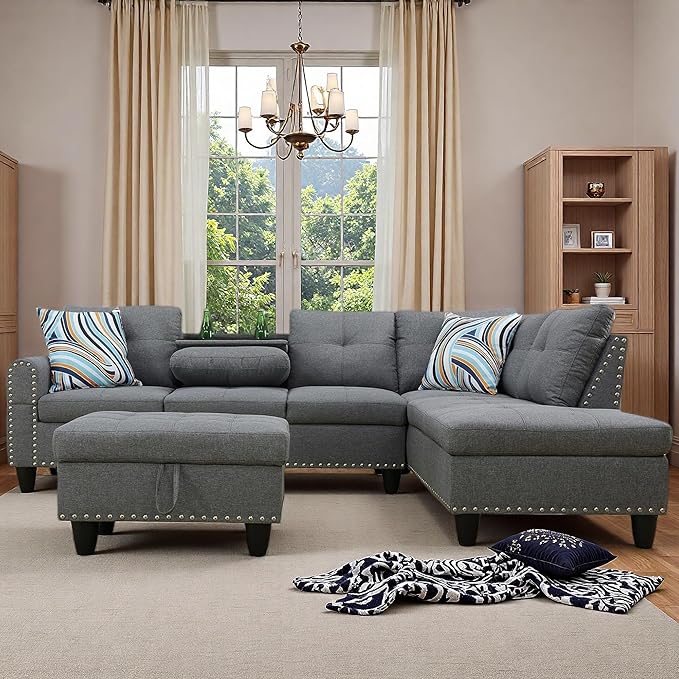 97.5" L Shaped Couch Set Linen, Modular Sectional Couches - Image 9