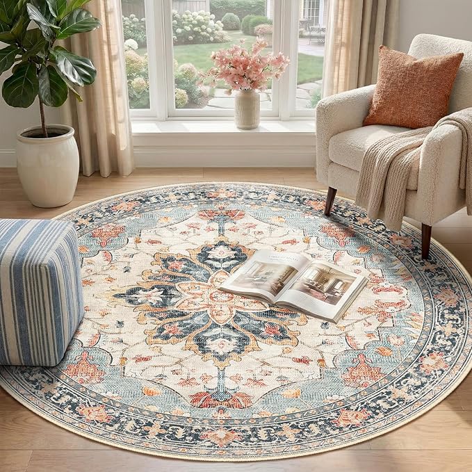RELEANY Area Rugs Round 4ft Washable Non-Slip, Floral Vintage Distress Print - Image 2