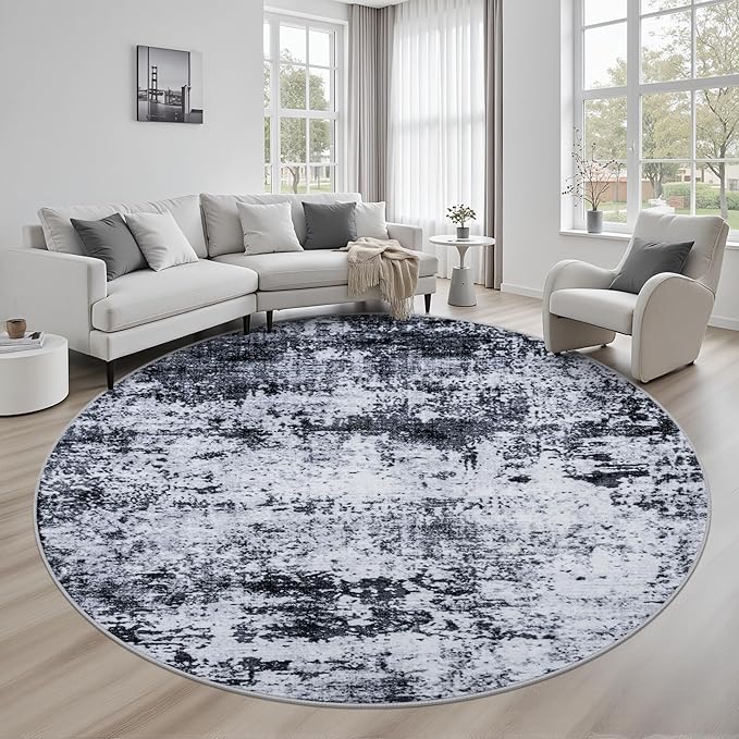 Round Area Rug for Living Room: 6 ft Washable Modern Abstract Soft Thin Rug by FXRHLP