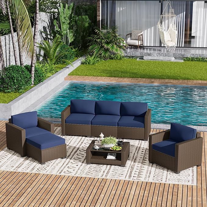 LOUVIXA 7 Piece Outdoor Patio Furniture Set, Rattan Chairs Glass Table Wicker - Image 9