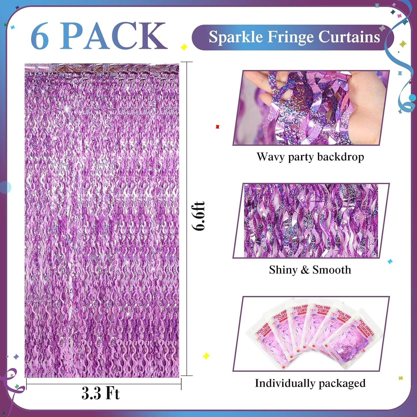 Jutom 6 Pieces 3.3 x 6.6 ft Wavy Tinsel Foil Fringe Curtains Foil Fringe Streamer Backdrop Party Curtain for Sea Mermaid Baby Shower Birthday Party Decoration(Purple)