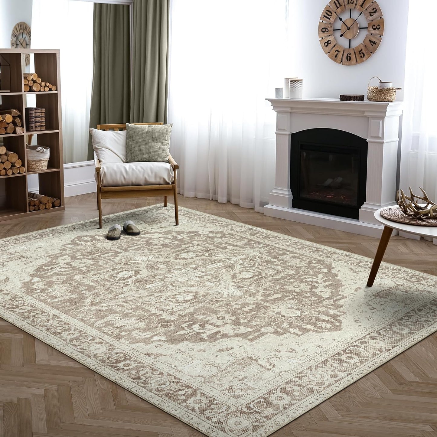 Bloom Rugs Washable Non-Slip 8' x 10' Rug - Light Brown Traditional Medallion Area Rug for Living Room, Bedroom, Dining Room, and Kitchen - Exact Size: 8' x 10'