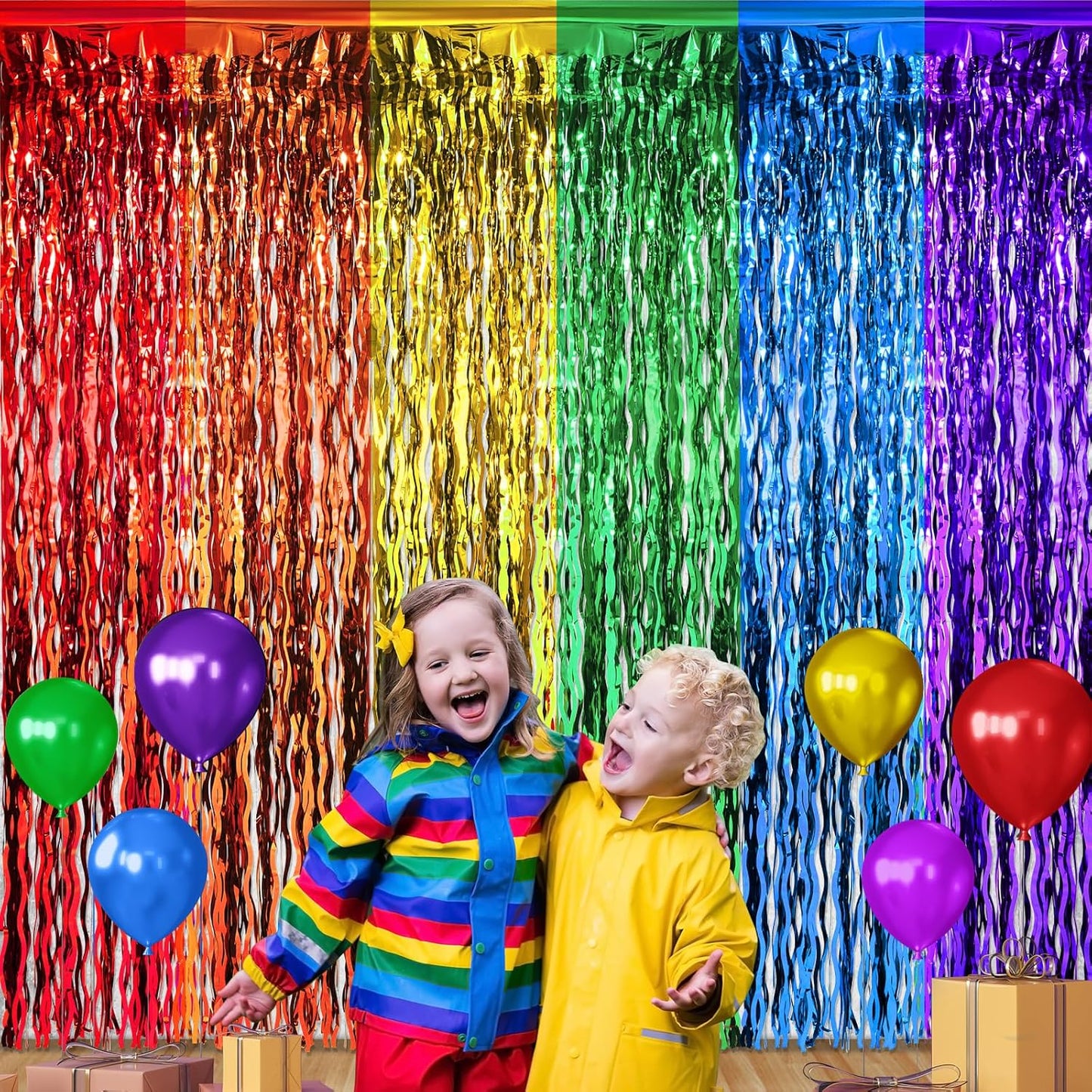 2 Pack 3.3X6.6Ft Rainbow Wavy Foil Fringe Curtains Backdrop Decorations, Rainbow Metallic Tinsel Foil Streamers Photo Booth Background for Birthday Wedding Engagement Bridal Shower Party Decorations