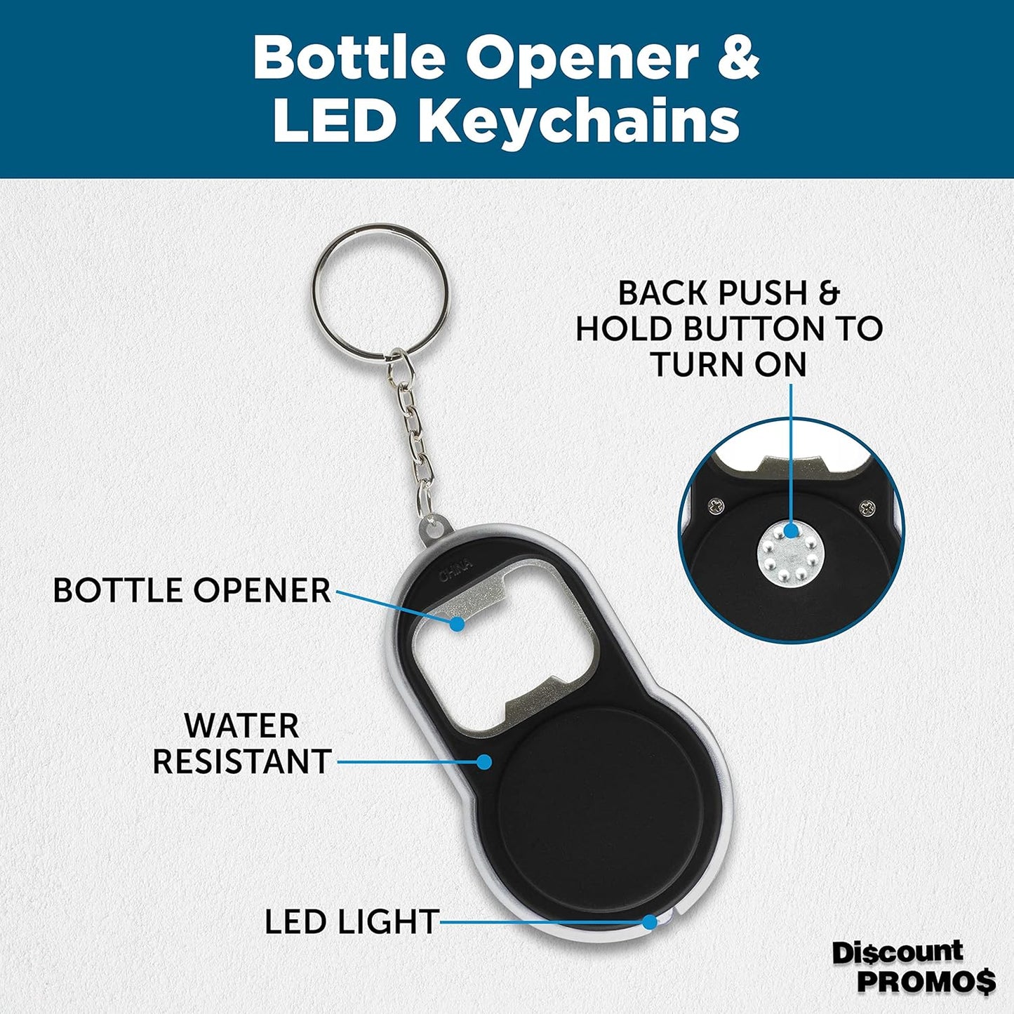 Bottle Opener & LED Keychains Set of 10, Bulk Pack - Perfect for Tradeshows, Party Favors, Other Events - Black