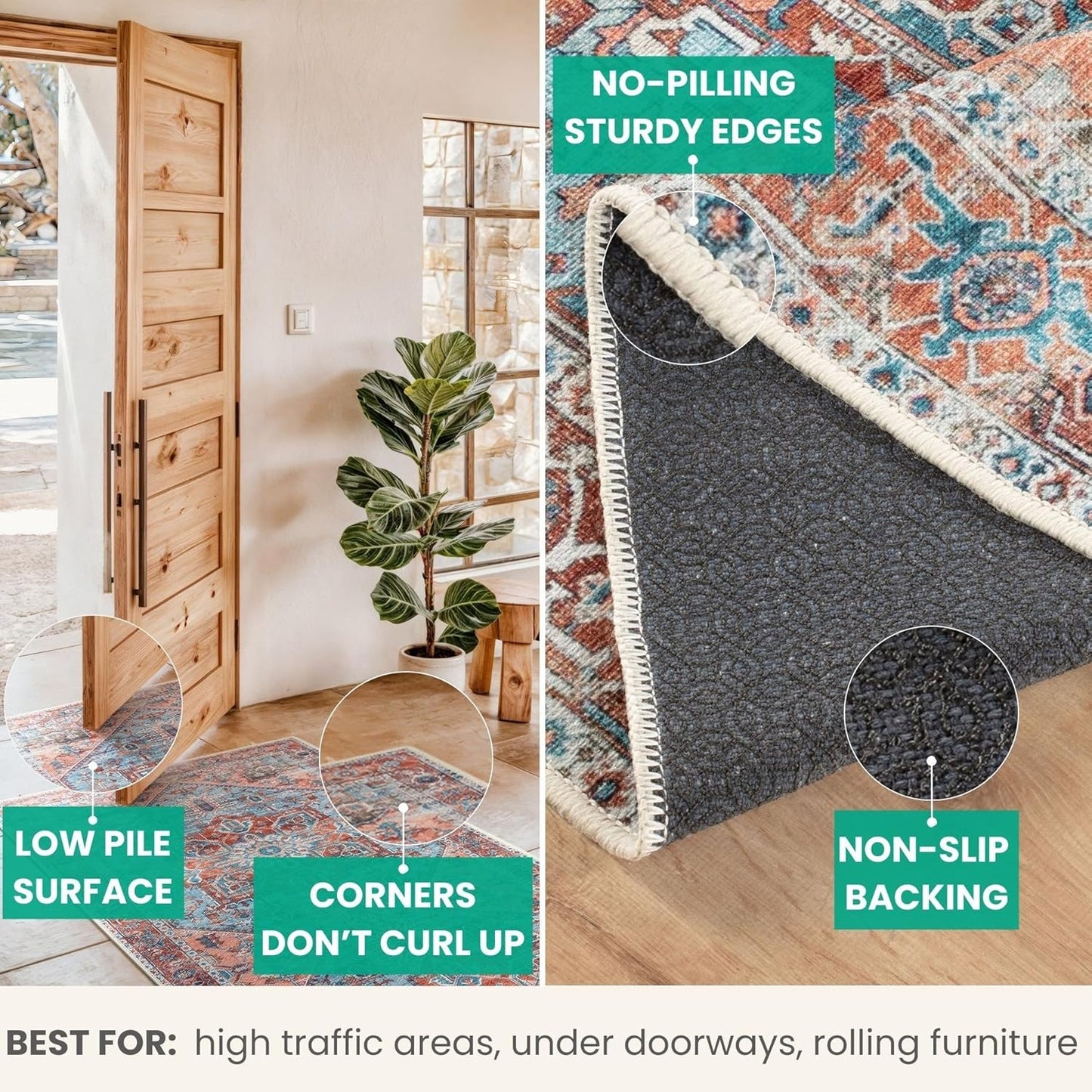 Bloom Rugs Washable Non-Slip 8' x 10' Rug - Coral/Sky Blue Traditional Medallion Area Rug for Living Room, Bedroom, Dining Room, and Kitchen - Exact Size: 8' x 10'