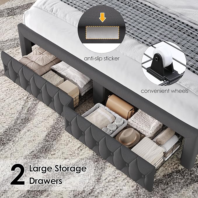 Keyluv Queen Bed Frame with LED Lights and 2 Storage Drawers, Velvet - Image 6