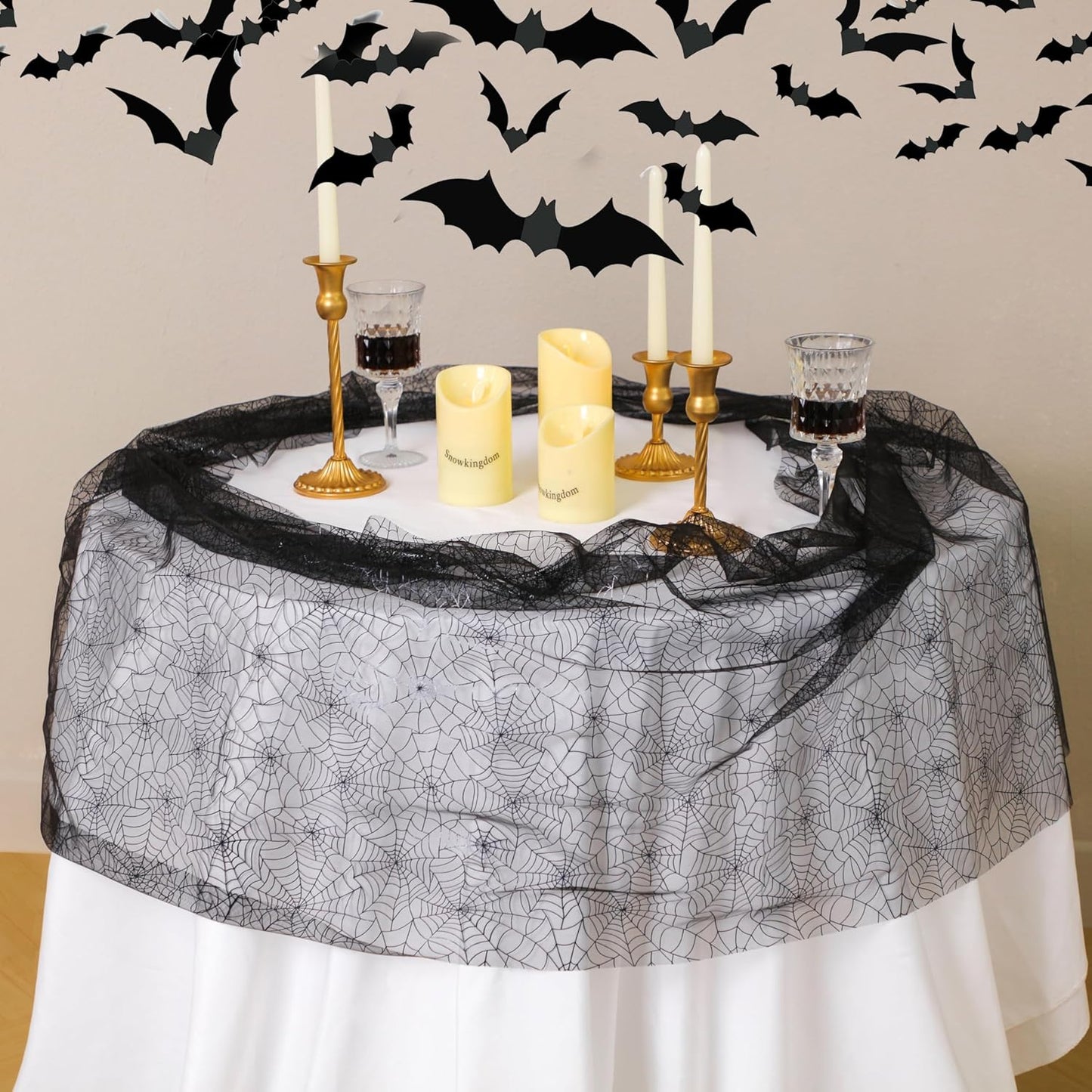 Snowkingdom Halloween Table Runner, 10 FT Black Spider Web Runners Metallic Sequin Sheer Chiffon Gauze Cheesecloth, Black Party Decorations for Halloween Kitchen Dinner Table Birthday Home Indoor