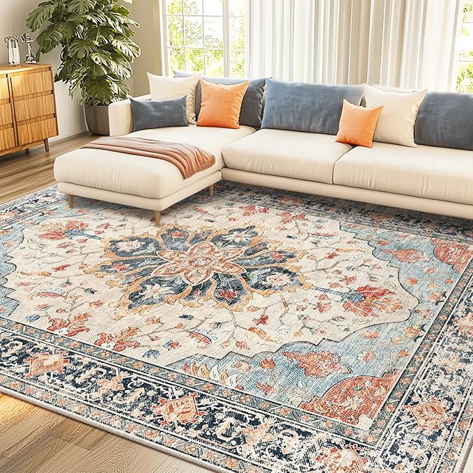 RELEANY Area Rugs 7'x10' Washable Non-Slip, Floral Vintage Distress Print by RELEANY