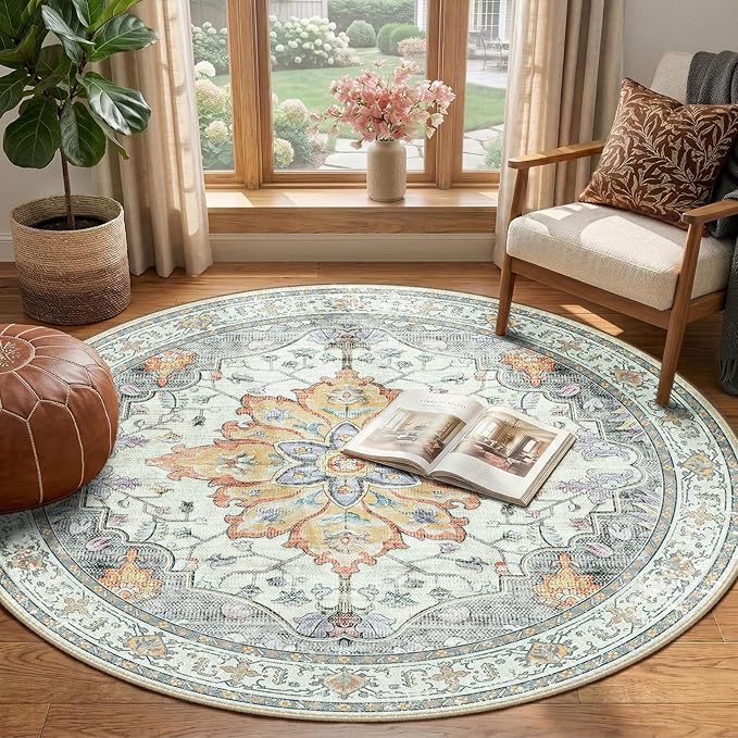 RELEANY Area Rugs Round 4ft Washable Non-Slip, Floral Vintage Distress Print - Image 2