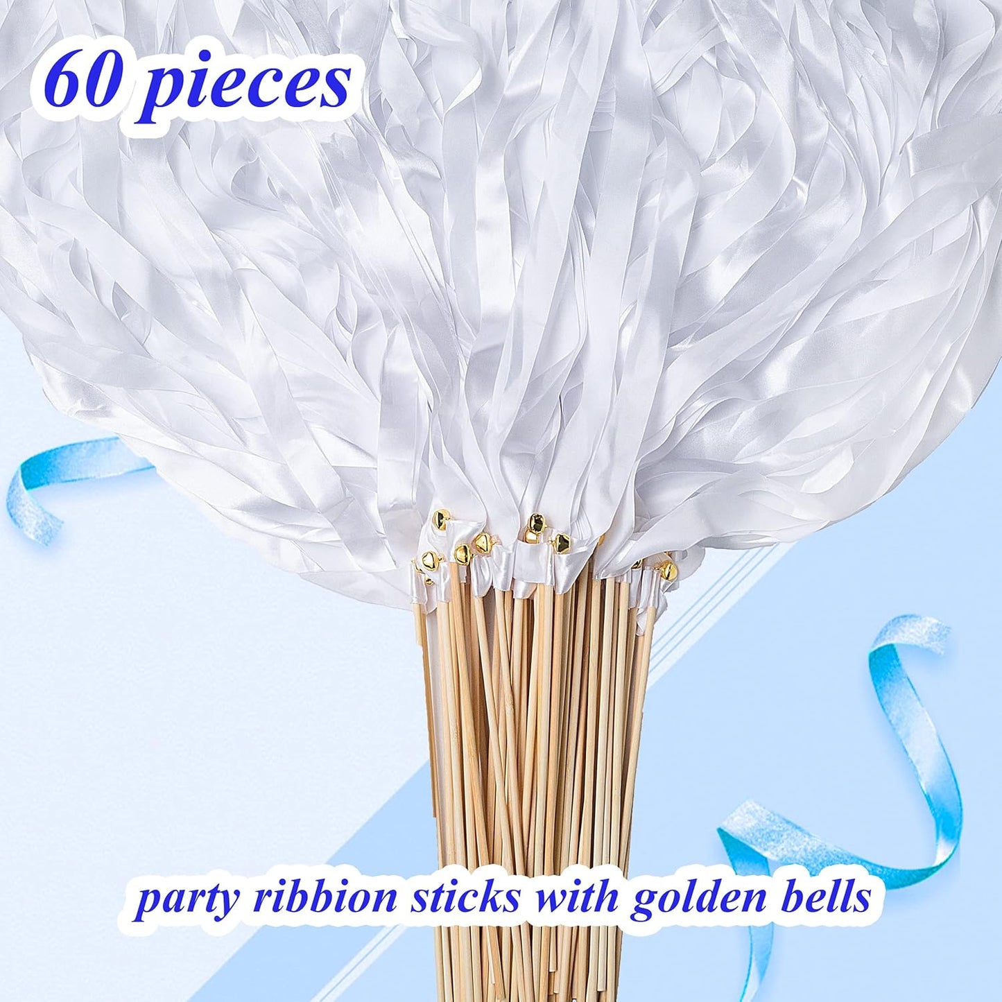 60 Pieces Wedding Colorful Ribbon with Bells, Party Ribbons Streamers Sticks Magic Wish Fairy Wand for Wedding Party Holiday Activities Favors (White-60)
