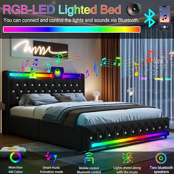 Music Player Bed with Bluetooth Speakers, Queen Size Smart Bed, USB&Type C - Image 3