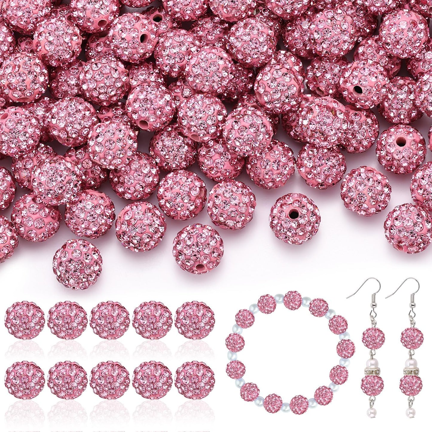 200pcs 10mm Rhinestone Beads for Jewelry Making, Pink Shiny Round Disco Ball Beads Bulk, Sparkle Crystal Clay Christmas for Bracelet Baseball Necklace Earring Crafting and DIY