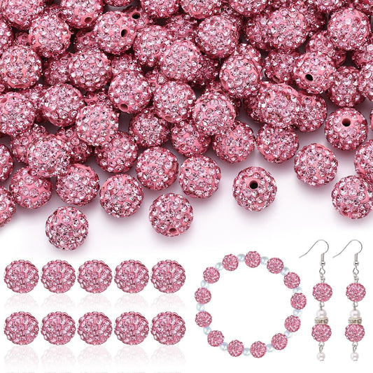160pcs 10mm Rhinestone Beads for Jewelry Making, Pink Shiny Round Disco Ball Beads Bulk, Sparkle Crystal Clay Christmas for Bracelet Baseball Necklace Earring Crafting and DIY