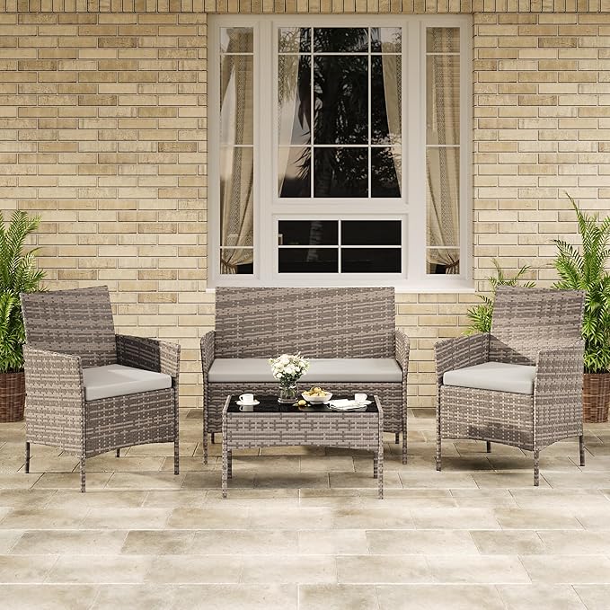 4-Piece Outdoor Furniture Set, PE Rattan Wicker Chairs by Unknown