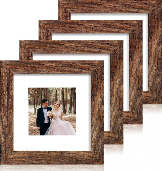 6x6 Picture Frame Set of 4 with Real Glass, Rustic Frames Display 4x4 Picture with Mat or 6 x 6 Without Mat, Wood Square Photo Frame for Wall Mount and Tabletop Display