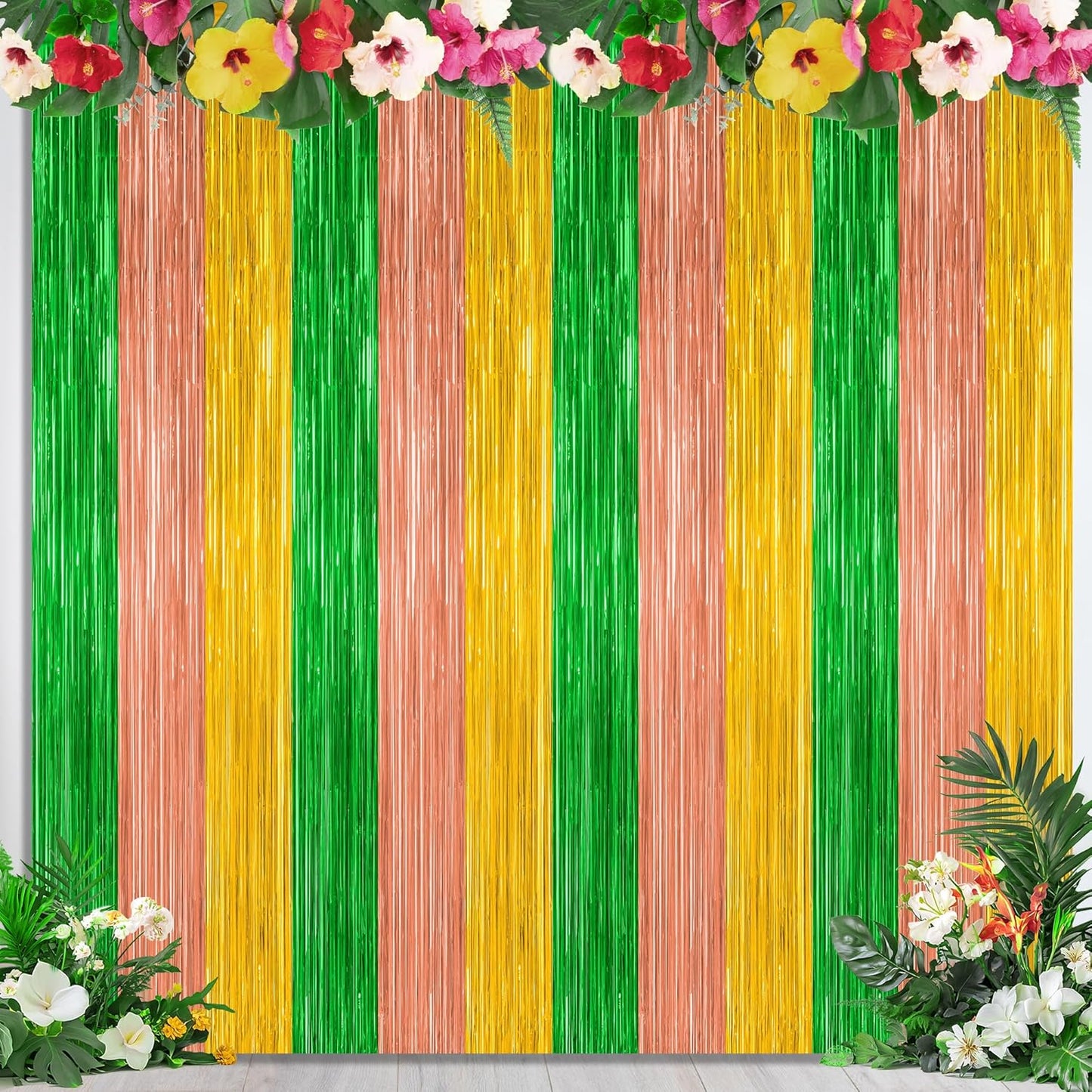 4 Pack Hawaiian Party Decorations, 3.28 FT x 7.05 FT Hawaii Tinsel Backdrop, Green Brown Yellow Foil Curtains Fringe Backdrop Party Streamer, Metallic Summer Decor Luau Party Decorations
