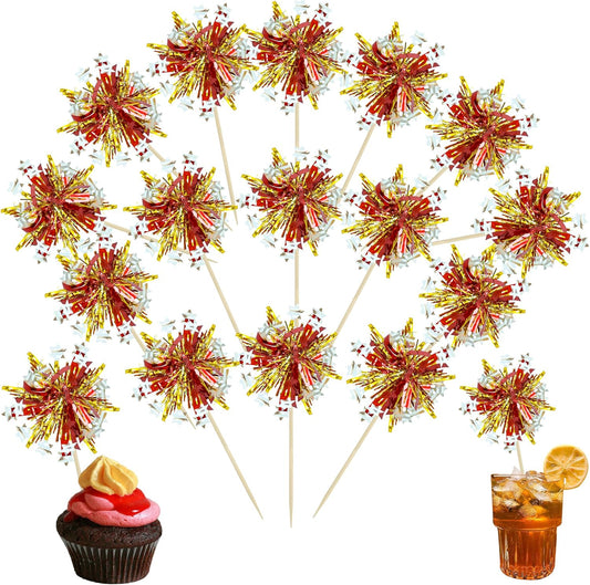 Ephlyn 30Pcs Foil Firework Cupcake Toppers Sparkle Tinsel Cupcake Picks Happy Birthday Cake Decorations Drink Stirrers Cocktail Food Fruit Toothpicks for Baby Shower Graduation Party Supplies Gold Red