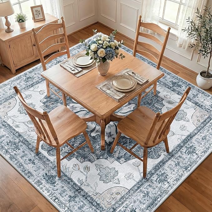 RELEANY Area Rugs Square 8ft Washable Non-Slip, Floral Vintage Distress Print - Image 2