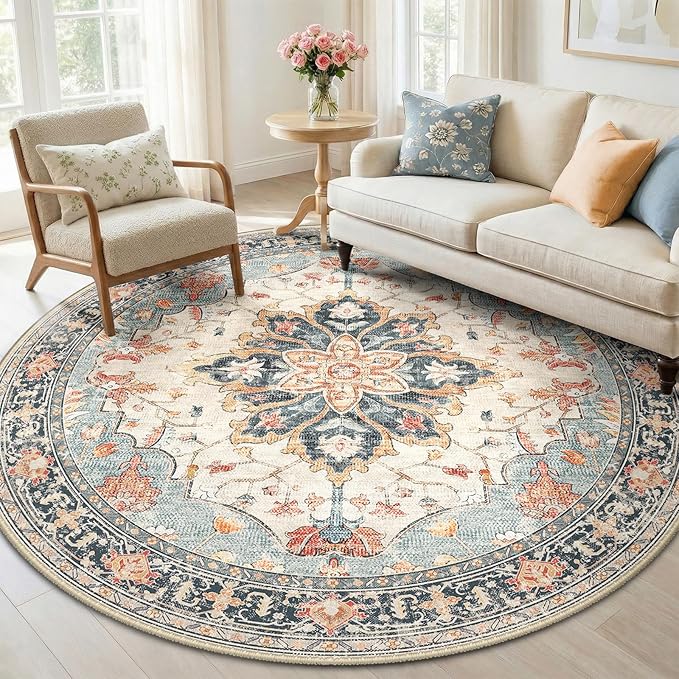 RELEANY Area Rugs Round 6ft Washable Non-Slip, Floral Vintage Distress Print by RELEANY