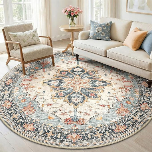 RELEANY Area Rugs Round 6ft Washable Non-Slip, Floral Vintage Distress Print by RELEANY
