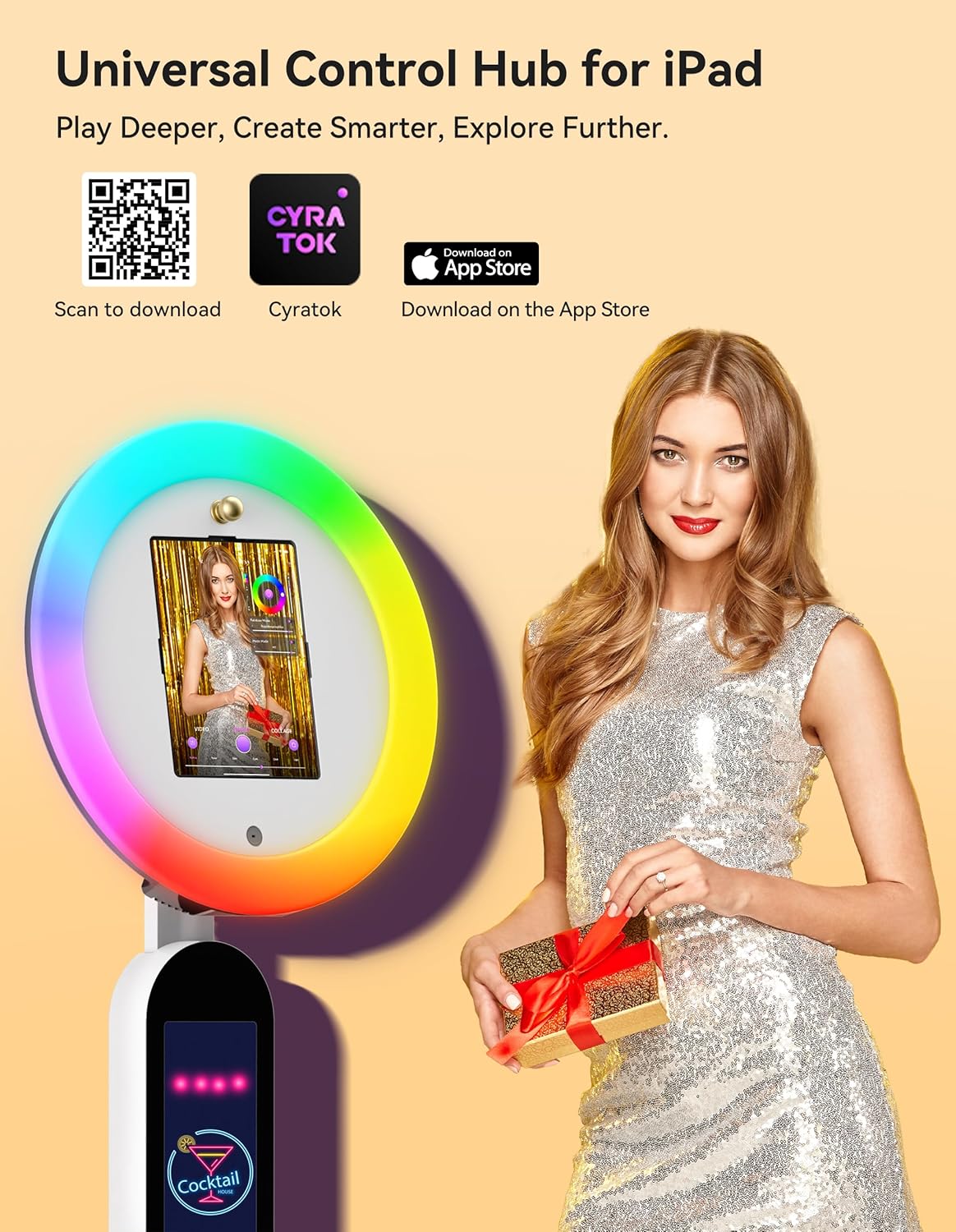 Photo Booth Stand for ipad Customized Logo Metal Selfie Photobooth Machine Fits 10.2", 10.9", 12.9" iPads, Provide Cyratok Software and Music Sync for Events,Rentals & Business Use(Flight Case)