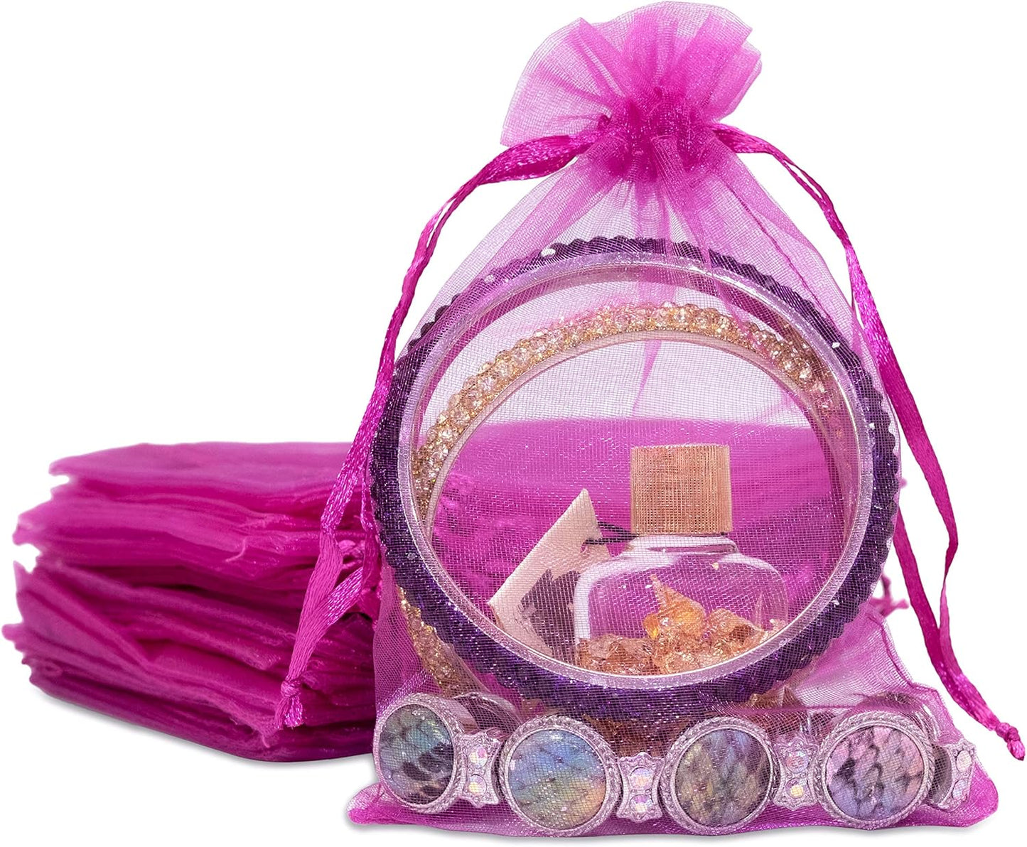TheDisplayGuys 100-Pack 4x6 Hot Pink Sheer Organza Gift Bags with Drawstring, Goodie Bags for Jewelry, Candy Bags, Treat Bags, Wedding Favors Small Mesh Bags