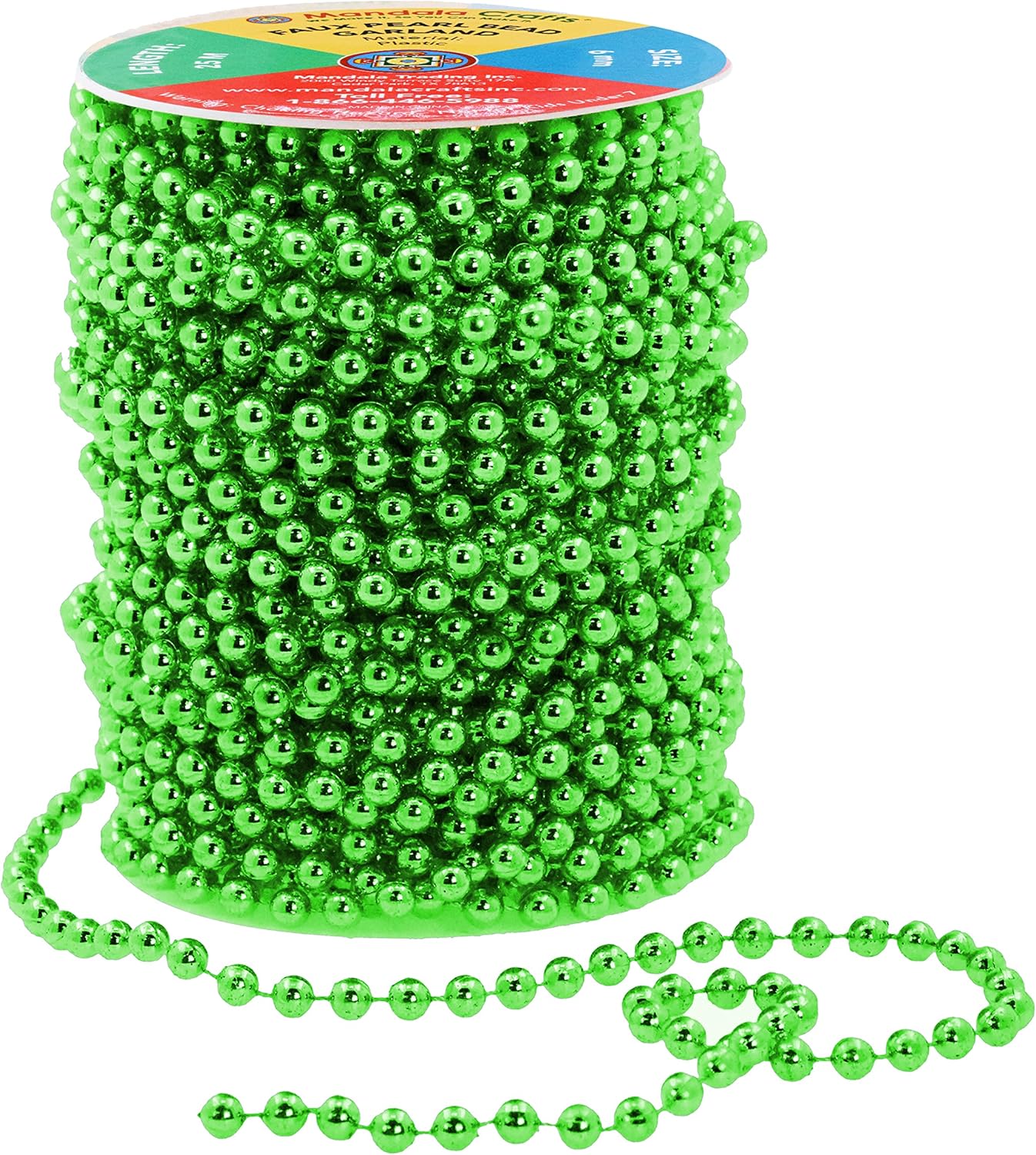 Mandala Crafts 6mm Faux Green Pearl Beads Roll - 27 Yards Strand of Fake Pearls Chain Garlands Spool String for Christmas Tree, Wedding, Party, Vases, DIY Decoration