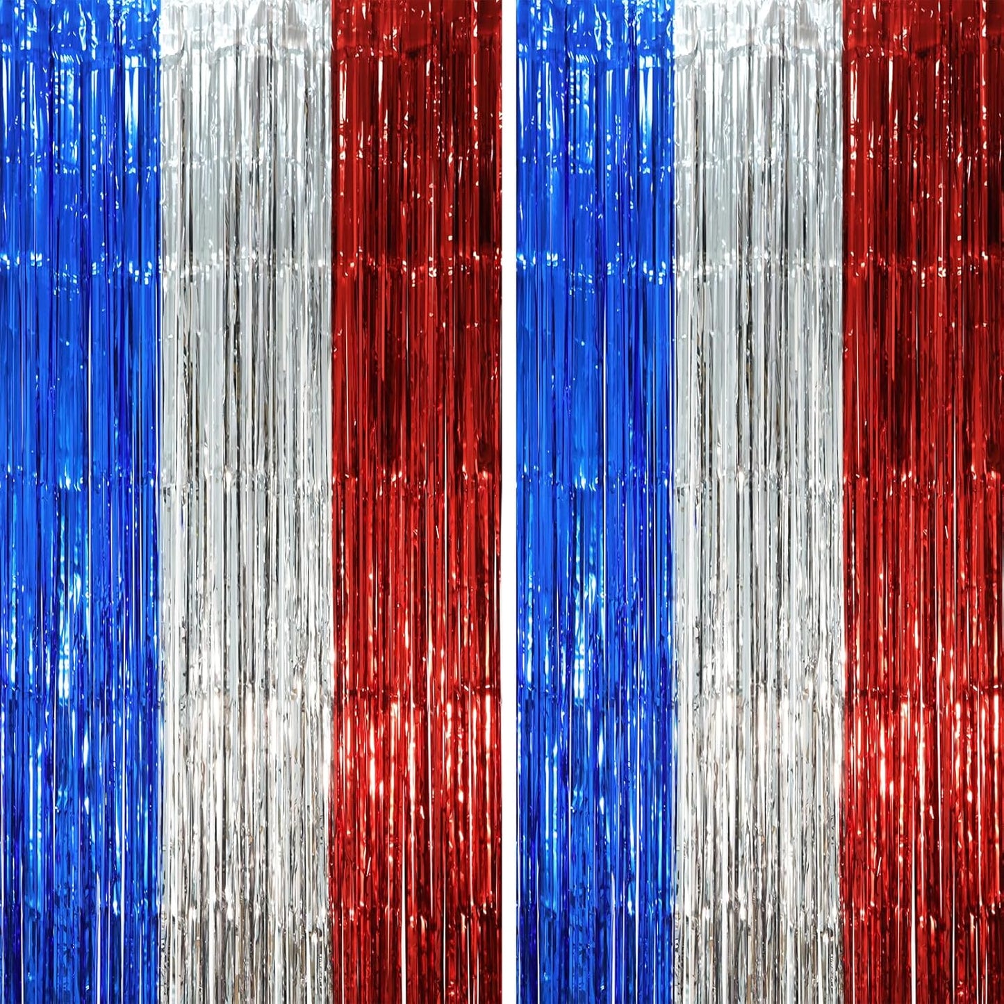 2 Pack Blue Red Silver Foil Fringe Backdrop Curtains, Tinsel Streamers Party Decorations, Fringe Backdrop, Door Shimmer for Independence Day or Birthday Party