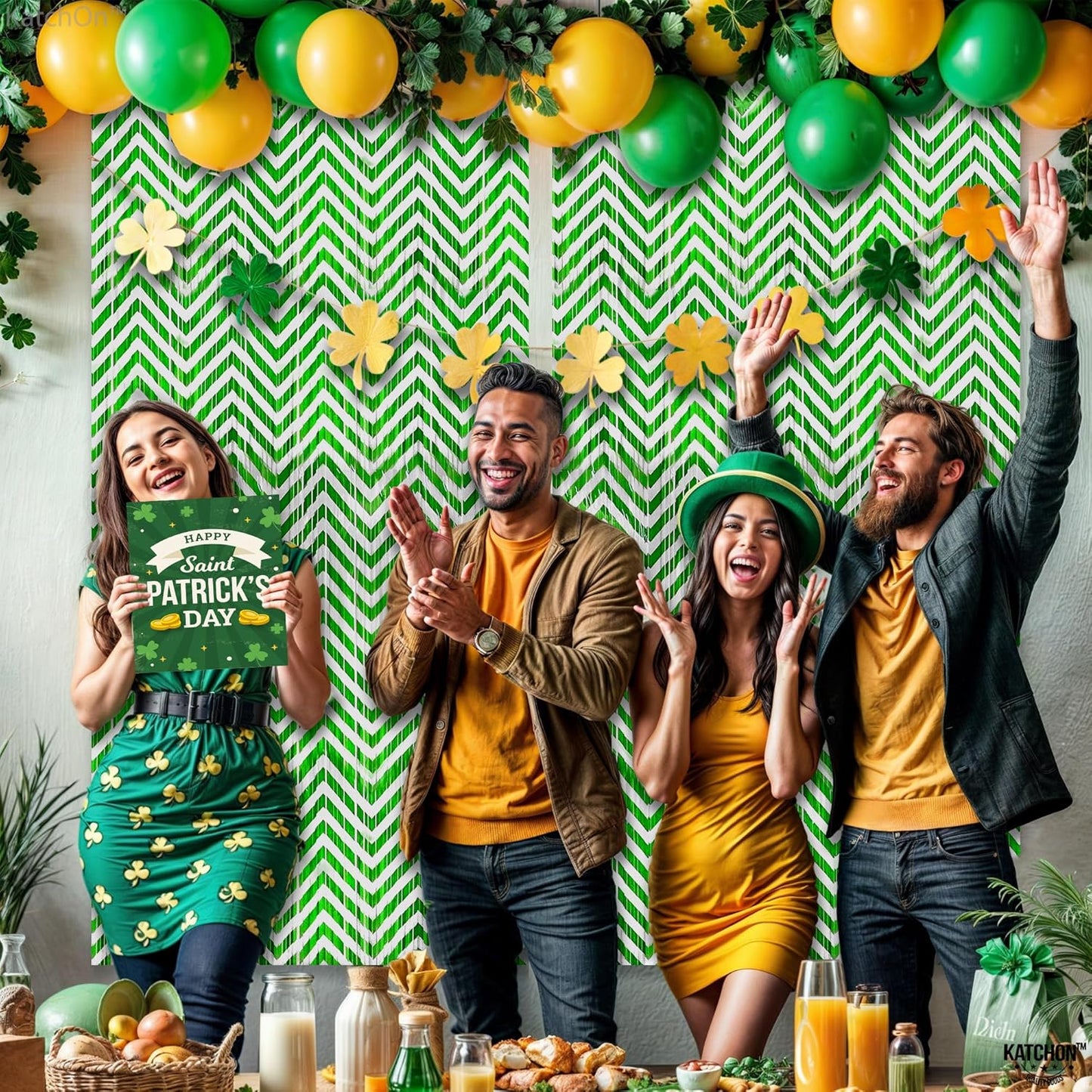 KatchOn, Green and White Foil Fringe Curtains - 6.5x6.5 Feet | Green Foil Fringe Curtain for Green and White Party Decorations, Graduation Decorations 2025 | Forest Green Birthday Decoration