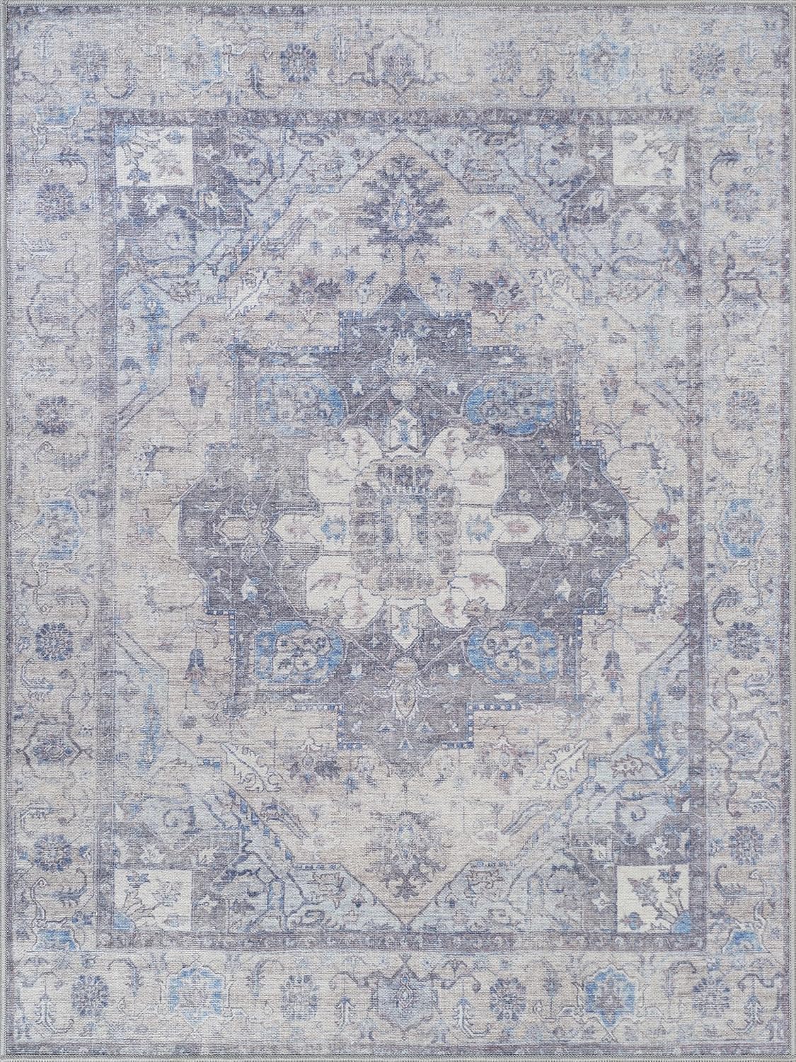Bloom Rugs Washable Non-Slip 6' x 9' Rug - Blue/Sand Traditional Medallion Area Rug for Living Room, Bedroom, Dining Room, and Kitchen - Exact Size: 6' x 9'