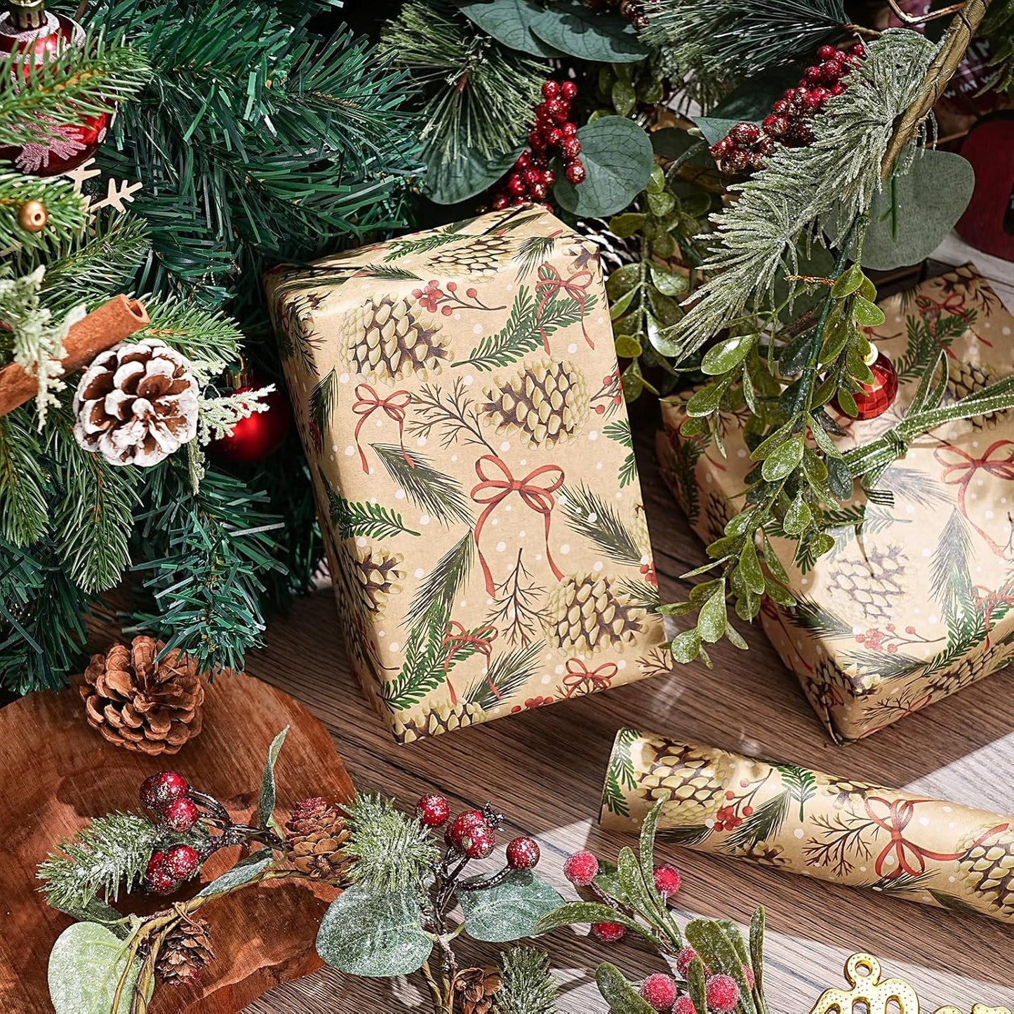 RUSPEPA Kraft Christmas Wrapping Paper Roll, Mini Roll, Pinecone and Greenery Design with Red Bow and Snowflake, Kraft Gift Wrap Paper for Christmas, Holiday, Winter Party, 17 Inches x 16.4 Feet