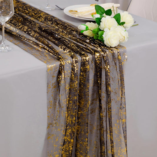Snowkingdom 10 Pcs Black & Gold Cheesecloth Table Runner 10 FT, Sheer Chiffon Sparkle Gauze Mesh Runners 120 Inch, Glitter Table Centerpieces Decoration for Birthday Party Wedding Christmas Halloween