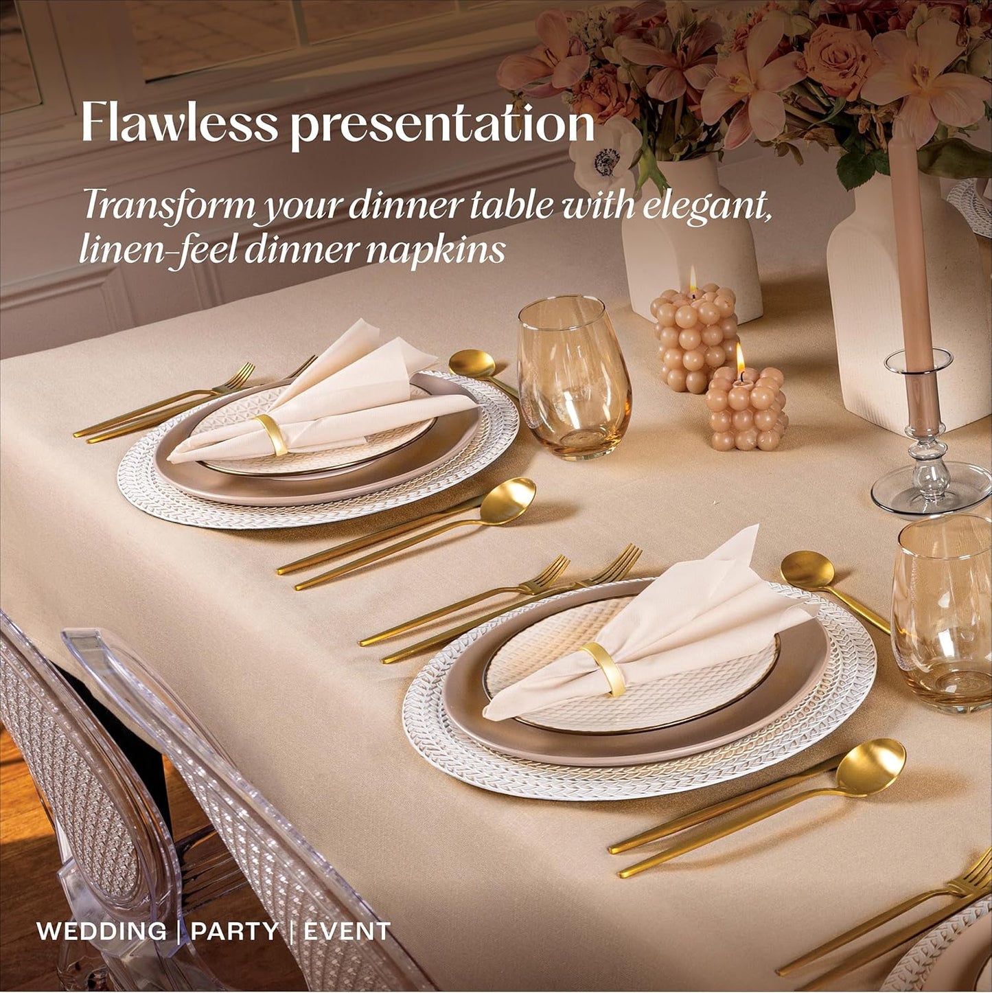 200-Pack Disposable Linen-Feel Champagne Napkins, 12" x 17" Cloth-Like Paper Dinner Napkins For Wedding, Bathroom, Party Or Event