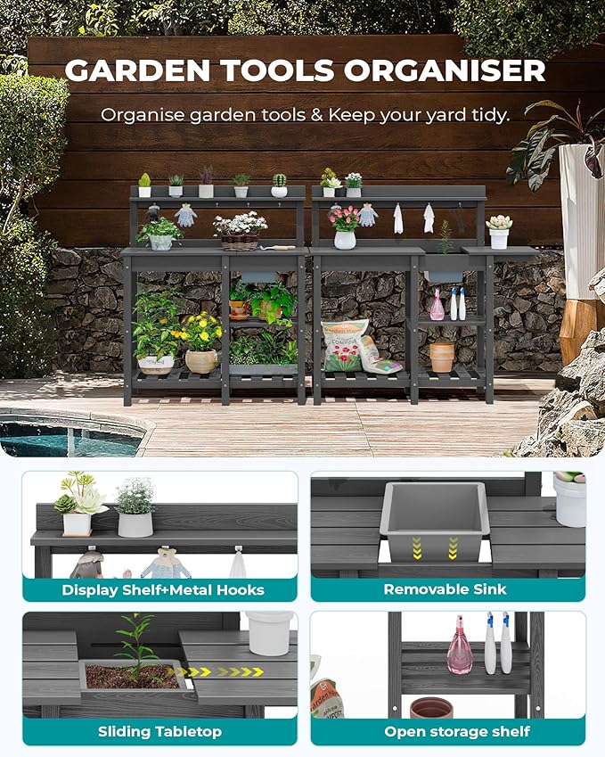 SERWALL Outdoor Potting Bench 2-Piece Set, Rot-Resistant HDPE Potting Table - Image 5