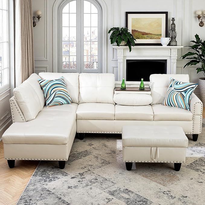 97.5" White L Shaped Couch Set Leather, Modular Sectional Couches by Topcomfy