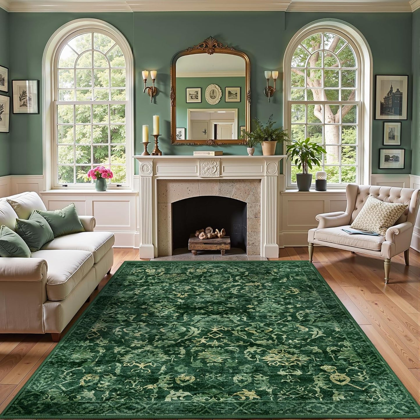 Deep Green Area Rugs 6x8 Rugs for Living Room, Washable Vintage Rugs for Bedroom, Distressed Throw Rug, Non Slip Rug Floral Carpet Green Area Rug for Bedroom Dining