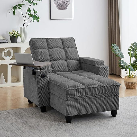 Oversized Recliner Chair with Swivel Tray Table, Modern Tufted Linen Fabric by Unknown