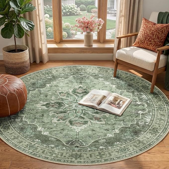 RELEANY Area Rugs Round 4ft Washable Non-Slip, Floral Vintage Distress Print - Image 2