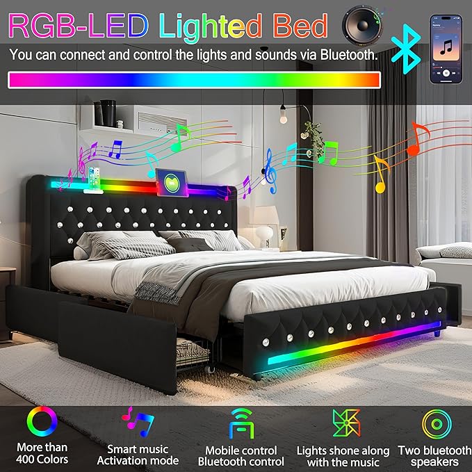 Music Player Full Bed with Bluetooth Speakers, USB&Type C Charging Ports - Image 3