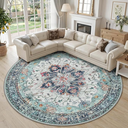 RELEANY Area Rugs Round 10ft Washable Non-Slip, Floral Vintage Distress Print by RELEANY