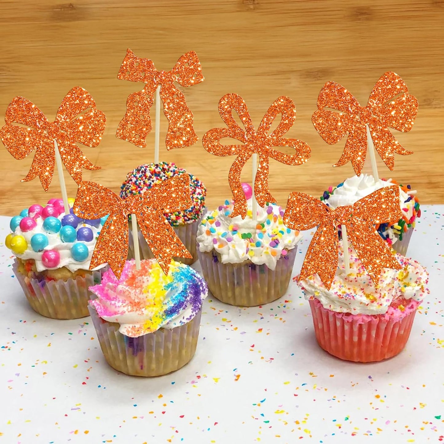 Ephlyn 24Pcs Bow Cupcake Toppers Bow Birthday Cake Topper Girls Birthday Party Decorations Bowknot Cupcake Decorations for Bridal Baby Shower Birthday Wedding Themed Party Orange