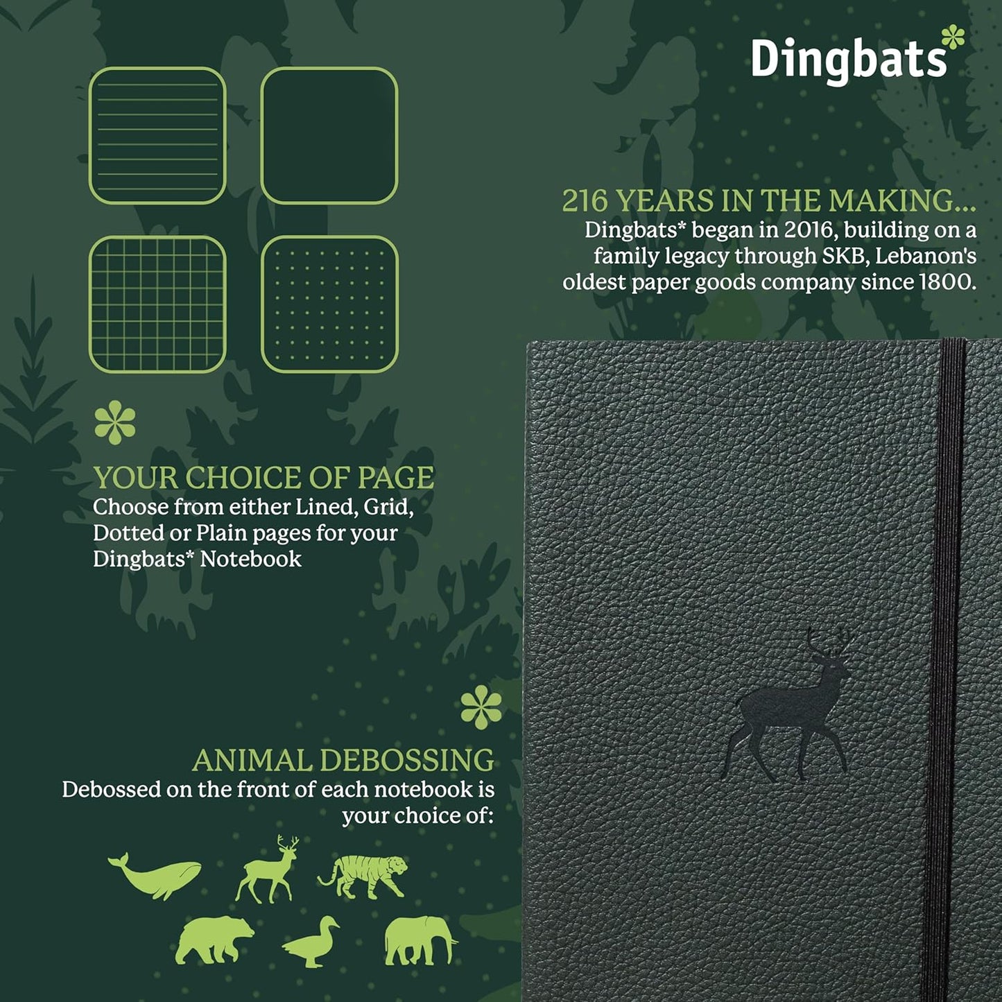 Dingbats* Wildlife Dotted Writing Journal Notebook A5 - Vegan Leather Softcover - Ideal for Work, Travel - Pocket, Elastic Closure, & Bookmark