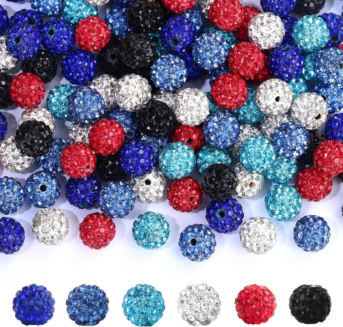 240pcs 10mm Rhinestone Beads for Crafting, Sparkle Clay Beads Crystal Disco Ball for DIY Jewelry Making Bracelet Necklace Earring and Independence Day Decorations Clay Rhinestone Red and Blue Series