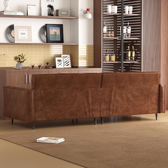 86.61" Mid-Century 3-Seater Brown Leather Sofa, Vintage Modern Couch - Image 6
