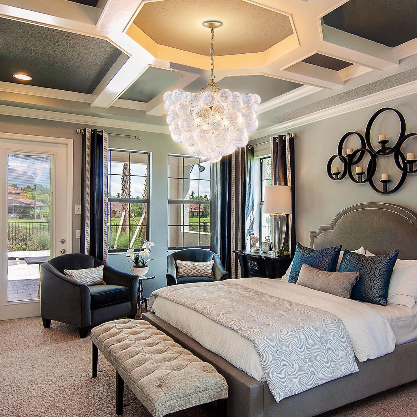 Nordic Bubble Ball Swirled Glass Chandelier, Dia 20 inch Gild Gold and Clear Blown Glass Small Pendant Light Fixture for Bedroom Study Restaurant