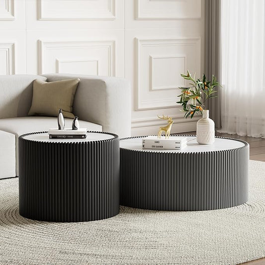 SSLine Round Drum Coffee Table Set of 2 Modern Sintered Stone Top Nesting by SSLine
