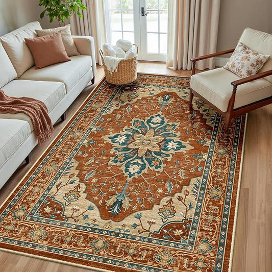 RELEANY Area Rugs 5'x8' Washable Non-Slip, Floral Vintage Distress Print by RELEANY